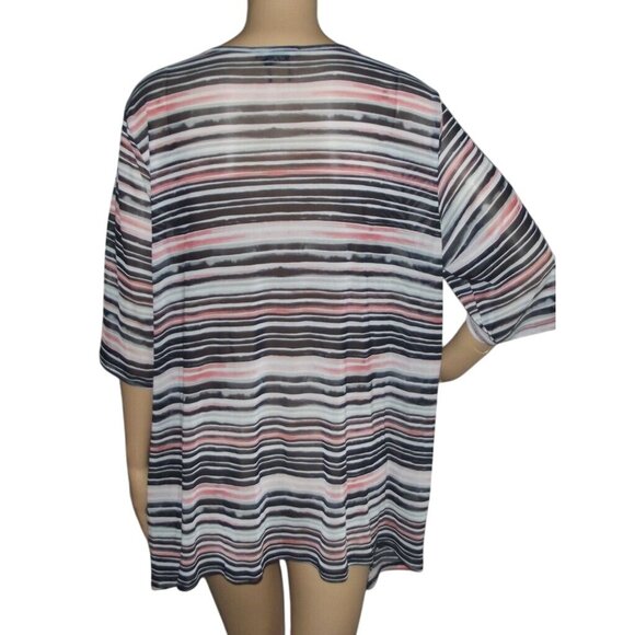 Robert Louis Blouse Womens XL Cold Shoulder pink black striped v-neck mesh sheer - Picture 2 of 8